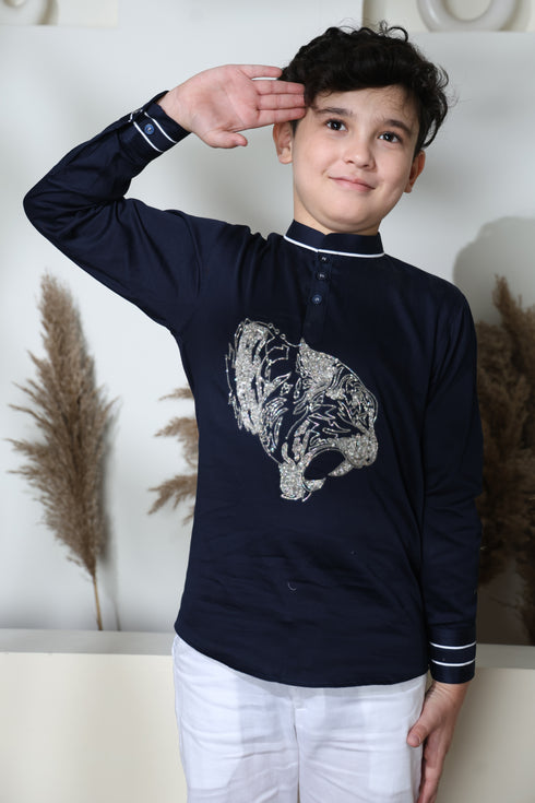 TIGER BLUE SHORT KURTA WITH WHITE TROUSER